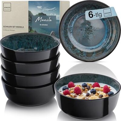 Sänger Manila Steingut Müslischalen Bowl Schüssel 6 teilig, Schüssel Set 6 Personen, Schale spülmaschinen- mikrowellen- kratzfest, Schüsseln blau mit schwarzem Rand 550 ml Sänger Manila Steingut Müslischalen Bowl Schüssel 6 teilig, Schüssel Set 6 Personen, Schale spülmaschinen- mikrowellen- kratzfest, Schüsseln blau mit schwarzem Rand 550 ml