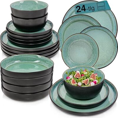 Sänger Fiji Kombiservice 24 teilig, Steingut Geschirr Set 6 Personen 6x Teller Set 6x Frühstücksteller 6x Tiefe Teller 6x Pastaschalen Geschirrset und Schale dunkelgrün Sänger Fiji Kombiservice 24 teilig, Steingut Geschirr Set 6 Personen 6x Teller Set 6x Frühstücksteller 6x Tiefe Teller 6x Pastaschalen Geschirrset und Schale dunkelgrün