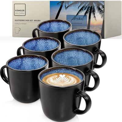 Sänger Aruba Kaffeebecher 6 Personen, Steingut Kaffeetassen Set 6er Tassen Set Teetasse Set spülmaschinenfest mikrowellenfest, Coffee Mug blau mit schwarzem Rand 430 ml Sänger Aruba Kaffeebecher 6 Personen, Steingut Kaffeetassen Set 6er Tassen Set Teetasse Set spülmaschinenfest mikrowellenfest, Coffee Mug blau mit schwarzem Rand 430 ml