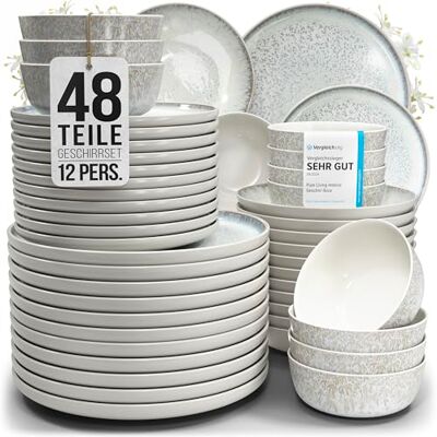 Steingut Geschirrset 12 Personen Ibiza 48 tlg. TESTSIEGER, Traumhaftes Mediterranes Steingut Geschirr Set, Schüssel- und Teller Set, Tafelservice 12 Personen, Geschirrsets Pure Living in Beige Steingut Geschirrset 12 Personen Ibiza 48 tlg. TESTSIEGER, Traumhaftes Mediterranes Steingut Geschirr Set, Schüssel- und Teller Set, Tafelservice 12 Personen, Geschirrsets Pure Living in Beige