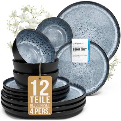 Steingut Geschirrset 4 Personen Ibiza 12 tlg. TESTSIEGER, Traumhaftes Mediterranes Steingut Geschirr Set, Schüssel- und Teller Set, Tafelservice 4 Personen, Geschirrsets Pure Living in Graublau Steingut Geschirrset 4 Personen Ibiza 12 tlg. TESTSIEGER, Traumhaftes Mediterranes Steingut Geschirr Set, Schüssel- und Teller Set, Tafelservice 4 Personen, Geschirrsets Pure Living in Graublau