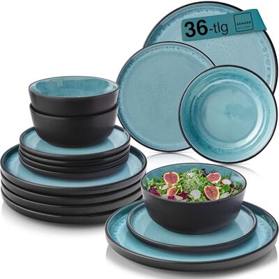 Sänger Granada Steingut Geschirr Set 36 tlg, Teller Set 12 Personen Geschirrset 12x Speiseteller 12x Müslischalen 12x Dessertteller, Tafelservice blau mit schwarzem Rand Sänger Granada Steingut Geschirr Set 36 tlg, Teller Set 12 Personen Geschirrset 12x Speiseteller 12x Müslischalen 12x Dessertteller, Tafelservice blau mit schwarzem Rand