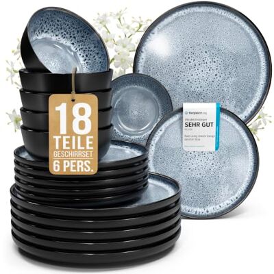 Steingut Geschirrset 6 Personen Ibiza 18 tlg. TESTSIEGER, Traumhaftes Mediterranes Steingut Geschirr Set, Schüssel- und Teller Set, Tafelservice 6 Personen, Geschirrsets Pure Living in Graublau Steingut Geschirrset 6 Personen Ibiza 18 tlg. TESTSIEGER, Traumhaftes Mediterranes Steingut Geschirr Set, Schüssel- und Teller Set, Tafelservice 6 Personen, Geschirrsets Pure Living in Graublau