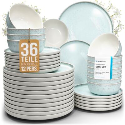 Steingut Geschirrset 12 Personen Ibiza 36 tlg. TESTSIEGER, Traumhaftes Mediterranes Steingut Geschirr Set, Schüssel- und Teller Set, Tafelservice 12 Personen, Geschirrsets Pure Living in Blau-Beige Steingut Geschirrset 12 Personen Ibiza 36 tlg. TESTSIEGER, Traumhaftes Mediterranes Steingut Geschirr Set, Schüssel- und Teller Set, Tafelservice 12 Personen, Geschirrsets Pure Living in Blau-Beige
