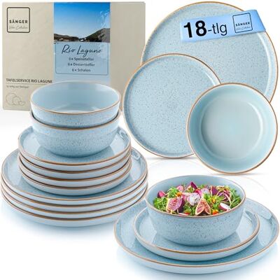 Sänger Rio Lagune Tafelservice 18 teilig, Steingut Geschirr Set 6 Personen, 6x Speiseteller 6x Dessertteller 6x Schalen Geschirrset und Schale blau Sänger Rio Lagune Tafelservice 18 teilig, Steingut Geschirr Set 6 Personen, 6x Speiseteller 6x Dessertteller 6x Schalen Geschirrset und Schale blau