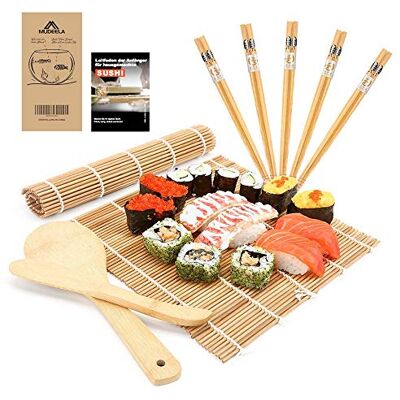 MUDEELA 9-Piece Sushi Set, Sushi Matte Bambusmatte for Beginners für Anfänger, Karbonisierte Bambusmatte, 2 Rollmatten, 5 Paar Essstäbchen, 1 Reisstreuer, 1 Paddel, 1 Anfängerleitfaden MUDEELA 9-Piece Sushi Set, Sushi Matte Bambusmatte for Beginners für Anfänger, Karbonisierte Bambusmatte, 2 Rollmatten, 5 Paar Essstäbchen, 1 Reisstreuer, 1 Paddel, 1 Anfängerleitfaden