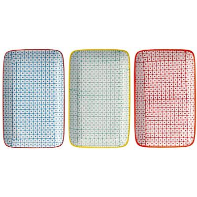 Bloomingville Servierplatten Carla Retro kleine Servier-Teller eckig Vintage rechteckige L 19 x W 12 cm, rot blau grün, Keramik, 3er Set Bloomingville Servierplatten Carla Retro kleine Servier-Teller eckig Vintage rechteckige L 19 x W 12 cm, rot blau grün, Keramik, 3er Set
