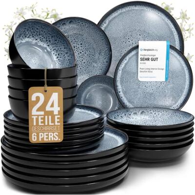 Steingut Geschirrset 6 Personen Ibiza 24 tlg. TESTSIEGER, Traumhaftes Mediterranes Steingut Geschirr Set, Schüssel- und Teller Set, Tafelservice 6 Personen, Geschirrsets Pure Living in Graublau Steingut Geschirrset 6 Personen Ibiza 24 tlg. TESTSIEGER, Traumhaftes Mediterranes Steingut Geschirr Set, Schüssel- und Teller Set, Tafelservice 6 Personen, Geschirrsets Pure Living in Graublau