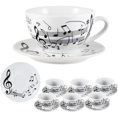 DRW Set mit 6 Jumbo Porzellanteller, verziert mit Musiknoten, Tasse: 11 x 11 x 7 cm, schwarz und weiß, Medidas: Taza: 11x11x7 cm DRW Set mit 6 Jumbo Porzellanteller, verziert mit Musiknoten, Tasse: 11 x 11 x 7 cm, schwarz und weiß, Medidas: Taza: 11x11x7 cm