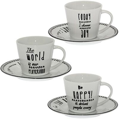 DonRegaloWeb Set von 6 Teetassen mit Porzellanteller be Happy in Weiß und Schwarz DonRegaloWeb Set von 6 Teetassen mit Porzellanteller be Happy in Weiß und Schwarz
