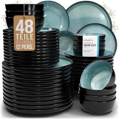 Steingut Geschirrset 12 Pers. Ibiza 48-tlg Hochwertiges Mediterranes Steingut Geschirr Set Schüssel- und Teller Set Tafelservice 12 Personen Geschirrsets Pure Living in Petrol Steingut Geschirrset 12 Pers. Ibiza 48-tlg Hochwertiges Mediterranes Steingut Geschirr Set Schüssel- und Teller Set Tafelservice 12 Personen Geschirrsets Pure Living in Petrol