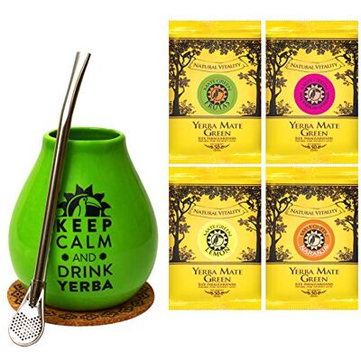 Mate Green Mate Becher Starter Set ● Idealer 350ml Keramikbecher für Yerba Mate mit Strohhalm und Mate Tee Proben. Ein Beutel für eine Portion. 4 Beutel zu 50 Gramm Mate Green Mate Becher Starter Set ● Idealer 350ml Keramikbecher für Yerba Mate mit Strohhalm und Mate Tee Proben. Ein Beutel für eine Portion. 4 Beutel zu 50 Gramm