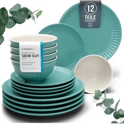 Steingut Geschirrset 4 Personen Hygge 12 tlg. TESTSIEGER, Traumhaftes Skandinavisches Steingut Geschirr Set, Schüssel- und Teller Set, Tafelservice 4 Personen, Geschirrsets Pure Living in Petrol Steingut Geschirrset 4 Personen Hygge 12 tlg. TESTSIEGER, Traumhaftes Skandinavisches Steingut Geschirr Set, Schüssel- und Teller Set, Tafelservice 4 Personen, Geschirrsets Pure Living in Petrol