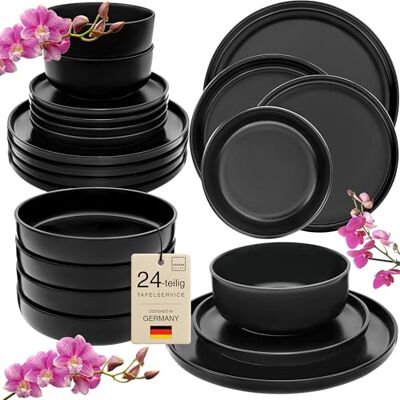 Sänger Madeira Steingut Geschirrset 6 Personen, Teller Set 24-tlg Schwarz Handmade Geschirr Set, Tafelservice: Speise &Dessertteller, Müslischalen & Pastateller, spülmaschinen- & mikrowellengeeignet Sänger Madeira Steingut Geschirrset 6 Personen, Teller Set 24-tlg Schwarz Handmade Geschirr Set, Tafelservice: Speise &Dessertteller, Müslischalen & Pastateller, spülmaschinen- & mikrowellengeeignet