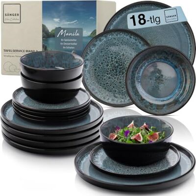 Sänger Manila Steingut Geschirr Set 18 tlg, Teller Set 6 Personen 6x Speiseteller 6x Müslischalen 6x Dessertteller, Tafelservice blau mit schwarzem Rand kratzfest Sänger Manila Steingut Geschirr Set 18 tlg, Teller Set 6 Personen 6x Speiseteller 6x Müslischalen 6x Dessertteller, Tafelservice blau mit schwarzem Rand kratzfest