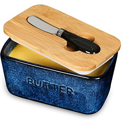 vicrays Butterbehälter aus Porzellan mit luftdichtem Deckel mit Messer Großer blauer Buttertopf für Theke vicrays Butterbehälter aus Porzellan mit luftdichtem Deckel mit Messer Großer blauer Buttertopf für Theke