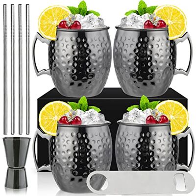 SuproBarware Moscow Mule Becher Set mit 4 schwarzen Moscow Mule Bechern, 530 ml, Gunmetal schwarz plattiert, Edelstahlbecher, Doppel-Jigger, gekühlte Kaltgetränke, Cocktailbecher, Trinkgeschirr mit Geschenkbox SuproBarware Moscow Mule Becher Set mit 4 schwarzen Moscow Mule Bechern, 530 ml, Gunmetal schwarz plattiert, Edelstahlbecher, Doppel-Jigger, gekühlte Kaltgetränke, Cocktailbecher, Trinkgeschirr mit Geschenkbox