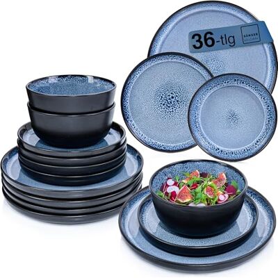 Sänger Aruba Steingut Geschirr Set 36 tlg, Teller Set 12 Personen 12x Speiseteller 12x Müslischalen 12x Dessertteller, Tafelservice blau mit schwarzem Rand kratzfest Sänger Aruba Steingut Geschirr Set 36 tlg, Teller Set 12 Personen 12x Speiseteller 12x Müslischalen 12x Dessertteller, Tafelservice blau mit schwarzem Rand kratzfest