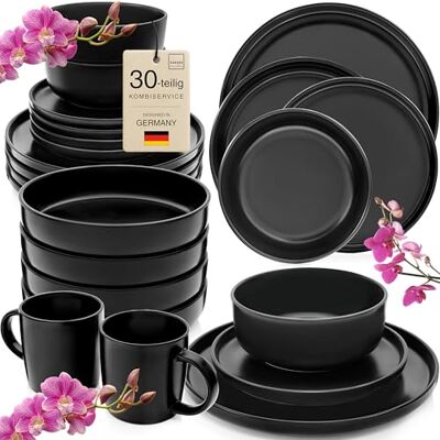Sänger Madeira Steingut Geschirrset 6 Personen, Teller Set 30-tlg Schwarz Handmade Geschirr Set, Kombiservice: Teller, Kaffeebecher, Müslischalen & Pastateller, spülmaschinen- & mikrowellengeeignet Sänger Madeira Steingut Geschirrset 6 Personen, Teller Set 30-tlg Schwarz Handmade Geschirr Set, Kombiservice: Teller, Kaffeebecher, Müslischalen & Pastateller, spülmaschinen- & mikrowellengeeignet