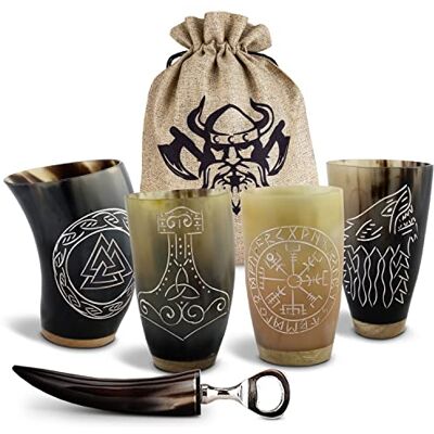Viking Trinkhorn Wikinger Becher Set aus 4 x 200 ml als Wikinger Deko 4 Hornbecher aus Naturhorn mit Flaschenöffner & Beutel, jedes Stück ein Unikat, für Met, LARP, Mittelalter & Geschenk Männer Viking Trinkhorn Wikinger Becher Set aus 4 x 200 ml als Wikinger Deko 4 Hornbecher aus Naturhorn mit Flaschenöffner & Beutel, jedes Stück ein Unikat, für Met, LARP, Mittelalter & Geschenk Männer