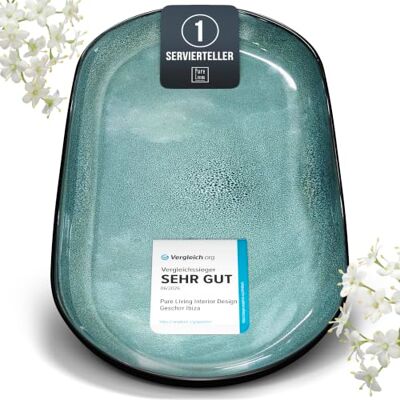 Steingut Servier Teller Groß Ibiza TESTSIEGER, Traumhafte Mediterrane Steingut Servierplatte, Serving Plate Oval, Servierteller Groß Pure Living in Petrol Steingut Servier Teller Groß Ibiza TESTSIEGER, Traumhafte Mediterrane Steingut Servierplatte, Serving Plate Oval, Servierteller Groß Pure Living in Petrol