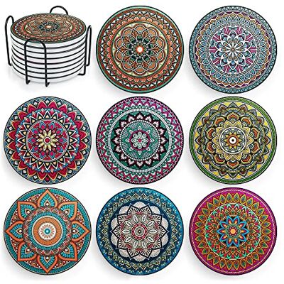 Decopom Mandala Getränkeuntersetzer mit Halter – 8 Set Keramik Boho Untersetzer für Getränke saugfähig mit Korkboden und schwarzem Halter – Untersetzer für Couchtisch Wohnung Holz Bar Tassen Gläser Tasse Bier Decopom Mandala Getränkeuntersetzer mit Halter – 8 Set Keramik Boho Untersetzer für Getränke saugfähig mit Korkboden und schwarzem Halter – Untersetzer für Couchtisch Wohnung Holz Bar Tassen Gläser Tasse Bier