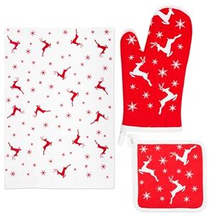 Excelsa Nordic Christmas Küchen-Set, Topfhandschuh, Topflappen und Geschirrtuch aus Baumwolle, weiß und rot mit Rentieren und Schneeflocken, 3-teilig Excelsa Nordic Christmas Küchen-Set, Topfhandschuh, Topflappen und Geschirrtuch aus Baumwolle, weiß und rot mit Rentieren und Schneeflocken, 3-teilig