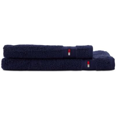 Tommy Hilfiger Legend Marineblaues 2-teiliges Handtuch-Set aus Frottee und Gästehandtuch aus 100% Reiner Baumwolle Tommy Hilfiger Legend Marineblaues 2-teiliges Handtuch-Set aus Frottee und Gästehandtuch aus 100% Reiner Baumwolle