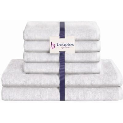 BEAUTEX Handtuch Set 4 Handtücher 2 Badetücher Weiss 550 g/m² Ideal für Familie und Bad, 100 % europäische Baumwolle, Oeko-Tex, weich, saugstark und langlebig. BEAUTEX Handtuch Set 4 Handtücher 2 Badetücher Weiss 550 g/m² Ideal für Familie und Bad, 100 % europäische Baumwolle, Oeko-Tex, weich, saugstark und langlebig.