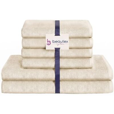 BEAUTEX Handtuch Set 4 Handtücher 2 Badetücher Creme 550 g/m² Ideal für Familie und Bad, 100 % europäische Baumwolle, Oeko-Tex, weich, saugstark und langlebig. BEAUTEX Handtuch Set 4 Handtücher 2 Badetücher Creme 550 g/m² Ideal für Familie und Bad, 100 % europäische Baumwolle, Oeko-Tex, weich, saugstark und langlebig.