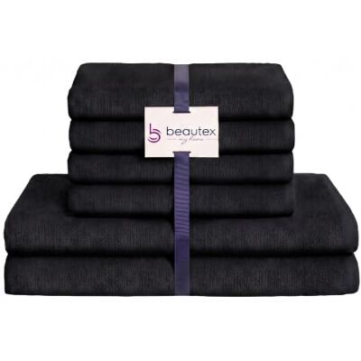 BEAUTEX Handtuch Set 4 Handtücher 2 Badetücher Schwarz 550 g/m² Ideal für Familie und Bad, 100 % europäische Baumwolle, Oeko-Tex, weich, saugstark und langlebig. BEAUTEX Handtuch Set 4 Handtücher 2 Badetücher Schwarz 550 g/m² Ideal für Familie und Bad, 100 % europäische Baumwolle, Oeko-Tex, weich, saugstark und langlebig.