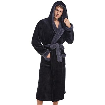 Inner Wish Herren-Bademantel mit Kapuze, Plüsch, lang, gemütlich, warm, flauschig, mit Taschen, Schwarz+Dunkelgrau, Large-X-Large Inner Wish Herren-Bademantel mit Kapuze, Plüsch, lang, gemütlich, warm, flauschig, mit Taschen, Schwarz+Dunkelgrau, Large-X-Large