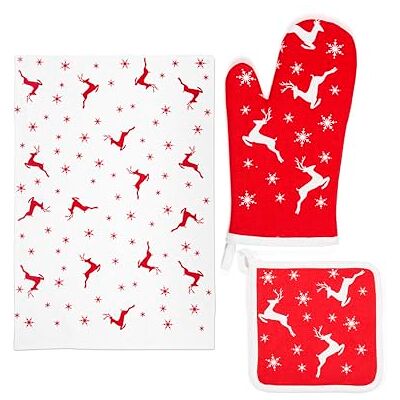Excelsa Nordic Christmas Küchen-Set, Topfhandschuh, Topflappen und Geschirrtuch aus Baumwolle, weiß und rot mit Rentieren und Schneeflocken, 3-teilig Excelsa Nordic Christmas Küchen-Set, Topfhandschuh, Topflappen und Geschirrtuch aus Baumwolle, weiß und rot mit Rentieren und Schneeflocken, 3-teilig