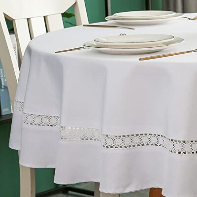 EHouseHome Strapazierfähige Stoff-Tischdecke mit weißer Spitze, wasserdicht, knitterfrei, schmutzabweisend, öldicht, für Esszimmer, Innen- und Außenbereich, Hochzeit, Urlaub, weiß, rund, 178 cm EHouseHome Strapazierfähige Stoff-Tischdecke mit weißer Spitze, wasserdicht, knitterfrei, schmutzabweisend, öldicht, für Esszimmer, Innen- und Außenbereich, Hochzeit, Urlaub, weiß, rund, 178 cm
