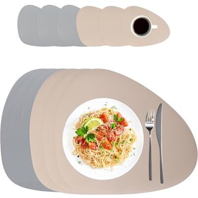 Relaxdays Platzdeckchen mit Untersetzern, 6er Set, Kunstleder, 30 x 40,5 cm, abwischbar, ovales Tischset, grau/beige Relaxdays Platzdeckchen mit Untersetzern, 6er Set, Kunstleder, 30 x 40,5 cm, abwischbar, ovales Tischset, grau/beige