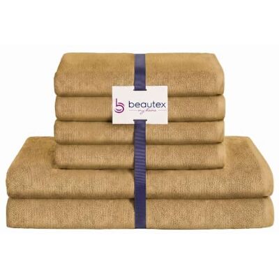BEAUTEX Handtuch Set 4 Handtücher 2 Badetücher Gold 550 g/m² Ideal für Familie und Bad, 100 % europäische Baumwolle, Oeko-Tex, weich, saugstark und langlebig. BEAUTEX Handtuch Set 4 Handtücher 2 Badetücher Gold 550 g/m² Ideal für Familie und Bad, 100 % europäische Baumwolle, Oeko-Tex, weich, saugstark und langlebig.
