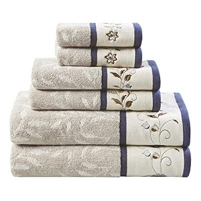 Madison Park Serene Badetuch-Set, 100% Baumwolle, luxuriöses Blumenmuster, Bestickt, Baumwoll-Jacquard-Design, weich und sehr saugfähig, für die Dusche, Verschiedene Größen, Marineblau, 6-teilig Madison Park Serene Badetuch-Set, 100% Baumwolle, luxuriöses Blumenmuster, Bestickt, Baumwoll-Jacquard-Design, weich und sehr saugfähig, für die Dusche, Verschiedene Größen, Marineblau, 6-teilig