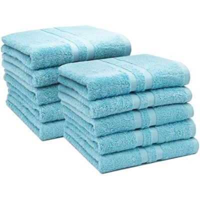 ZOLLNER 10er Set Handtücher in 50x100 cm Flauschige Duschtücher aus Baumwolle mit moderner Streifenbordüre bis 60°C waschbar mit praktischem Aufhänger in blau Hotelqualität ZOLLNER 10er Set Handtücher in 50x100 cm Flauschige Duschtücher aus Baumwolle mit moderner Streifenbordüre bis 60°C waschbar mit praktischem Aufhänger in blau Hotelqualität