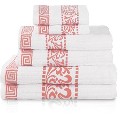 Superior Baumwollhandtuch-Set, hochwertig, dekoratives griechisches Muster, für Zuhause, saugfähig, Badezimmer-Deko, Spa, Resort, 2 Hand-, 2 Gesichts- und 2 Badetücher, Athen-Kollektion, 6-teilig, Koralle Superior Baumwollhandtuch-Set, hochwertig, dekoratives griechisches Muster, für Zuhause, saugfähig, Badezimmer-Deko, Spa, Resort, 2 Hand-, 2 Gesichts- und 2 Badetücher, Athen-Kollektion, 6-teilig, Koralle
