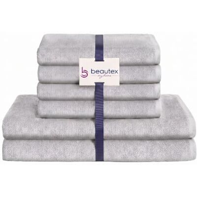 BEAUTEX Handtuch Set 4 Handtücher 2 Badetücher Hellgrau 550 g/m² Ideal für Familie und Bad, 100 % europäische Baumwolle, Oeko-Tex, weich, saugstark und langlebig. BEAUTEX Handtuch Set 4 Handtücher 2 Badetücher Hellgrau 550 g/m² Ideal für Familie und Bad, 100 % europäische Baumwolle, Oeko-Tex, weich, saugstark und langlebig.