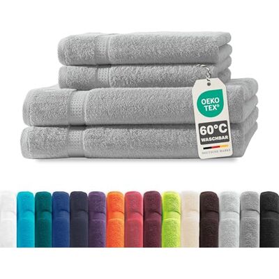 Müskaan ® 4er Handtuch Set Silber, 100% Baumwolle, 500g/m² – 2X Duschtuch 70x140cm & 2X Handtuch 50x100cm – Öko-Tex, Frottee Handtücher Set Baumwolle, Handtuchset Silber, 60°C waschbar, Frotteetücher Müskaan ® 4er Handtuch Set Silber, 100% Baumwolle, 500g/m² – 2X Duschtuch 70x140cm & 2X Handtuch 50x100cm – Öko-Tex, Frottee Handtücher Set Baumwolle, Handtuchset Silber, 60°C waschbar, Frotteetücher