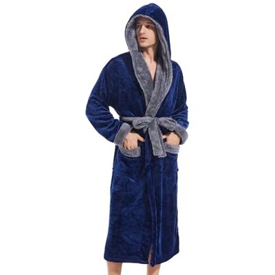Inner Wish Herren-Bademantel mit Kapuze, Plüsch, lang, gemütlich, warm, flauschig, mit Taschen, Marineblau+dunkelgrau, Large-X-Large Inner Wish Herren-Bademantel mit Kapuze, Plüsch, lang, gemütlich, warm, flauschig, mit Taschen, Marineblau+dunkelgrau, Large-X-Large