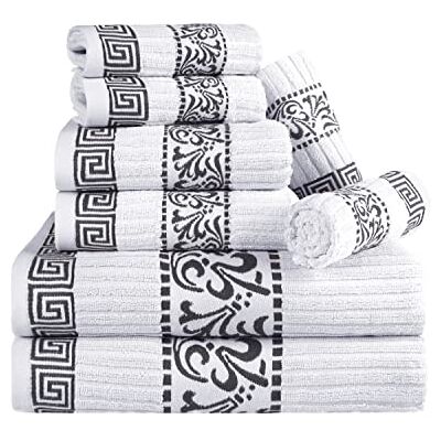 Superior 8-teiliges Handtuch-Set aus Baumwolle, dekoratives griechisches Muster, Heim-Essentials, saugfähige Handtücher, Dekor für Badezimmer, Spa, enthält 2 Hände, 2 Gesichts- und 4 Badetücher, Superior 8-teiliges Handtuch-Set aus Baumwolle, dekoratives griechisches Muster, Heim-Essentials, saugfähige Handtücher, Dekor für Badezimmer, Spa, enthält 2 Hände, 2 Gesichts- und 4 Badetücher,
