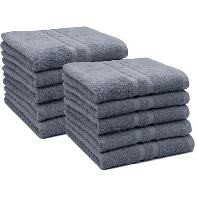ZOLLNER 10er Set Handtücher in 50x100 cm Flauschige Duschtücher aus Baumwolle mit moderner Streifenbordüre bis 60°C waschbar mit praktischem Aufhänger in grau Hotelqualität ZOLLNER 10er Set Handtücher in 50x100 cm Flauschige Duschtücher aus Baumwolle mit moderner Streifenbordüre bis 60°C waschbar mit praktischem Aufhänger in grau Hotelqualität