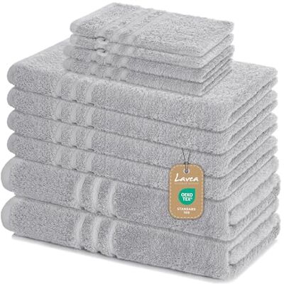 Lavea ® 10-teiliges Handtuch Set Elena, Silber 100% Baumwolle 4x Handtuch, 2x Duschtuch, 2x Gästetuch, 2x Waschhandschuh, Frottee Handtücher Set weich, Bad & Gäste Lavea ® 10-teiliges Handtuch Set Elena, Silber 100% Baumwolle 4x Handtuch, 2x Duschtuch, 2x Gästetuch, 2x Waschhandschuh, Frottee Handtücher Set weich, Bad & Gäste