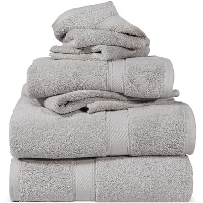 Superior Solide ägyptische Baumwolle Handtuch-Set, Waschlappen 33 x 33 cm, Handtücher 50,8 x 76,2 cm, Badetücher 76,2 x 139,7 cm, Silber, 6-teilig Superior Solide ägyptische Baumwolle Handtuch-Set, Waschlappen 33 x 33 cm, Handtücher 50,8 x 76,2 cm, Badetücher 76,2 x 139,7 cm, Silber, 6-teilig