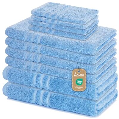 Lavea ® 10-teiliges Handtuch Set Elena, Delphinblau 100% Baumwolle 4x Handtuch, 2x Duschtuch, 2x Gästetuch, 2x Waschhandschuh, Frottee Handtücher Set weich, Bad & Gäste Lavea ® 10-teiliges Handtuch Set Elena, Delphinblau 100% Baumwolle 4x Handtuch, 2x Duschtuch, 2x Gästetuch, 2x Waschhandschuh, Frottee Handtücher Set weich, Bad & Gäste