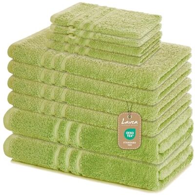 Lavea ® 10-teiliges Handtuch Set Elena, Lindgrün 100% Baumwolle 4x Handtuch, 2x Duschtuch, 2x Gästetuch, 2x Waschhandschuh, Frottee Handtücher Set weich, Bad & Gäste Lavea ® 10-teiliges Handtuch Set Elena, Lindgrün 100% Baumwolle 4x Handtuch, 2x Duschtuch, 2x Gästetuch, 2x Waschhandschuh, Frottee Handtücher Set weich, Bad & Gäste
