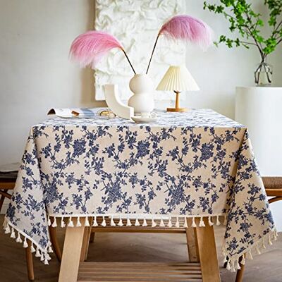 YUURAINVUVU Französische Vintage Blaue Rose Floral Baumwolle Leinen Stoff Nähte Quaste Rechteckige Tischdecke für Küche,Esszimmer,Tischplatte,Dekoration,Teeparty,Hochzeiten,Bauernhaus (139x178 cm) YUURAINVUVU Französische Vintage Blaue Rose Floral Baumwolle Leinen Stoff Nähte Quaste Rechteckige Tischdecke für Küche,Esszimmer,Tischplatte,Dekoration,Teeparty,Hochzeiten,Bauernhaus (139x178 cm)