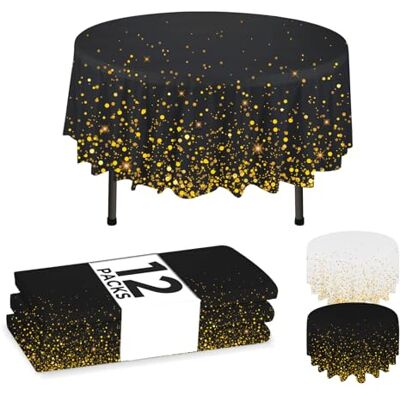 NORZEE Einweg-Kunststoff-Tischdecken, 213,4 cm, runde Tischdecke, runde Kunststoff-Tischdecke, Einweg-Tischdecke, Schwarz-Gold, Konfetti, 12 Stück NORZEE Einweg-Kunststoff-Tischdecken, 213,4 cm, runde Tischdecke, runde Kunststoff-Tischdecke, Einweg-Tischdecke, Schwarz-Gold, Konfetti, 12 Stück